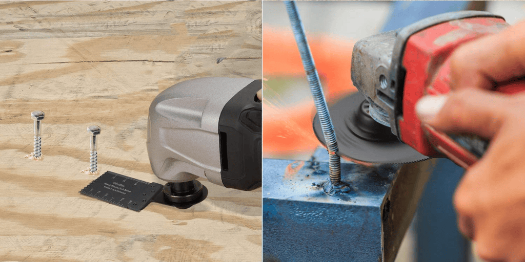 Universal oscillating multi-tool saw blade designed for cutting wood, plastic, and metal.