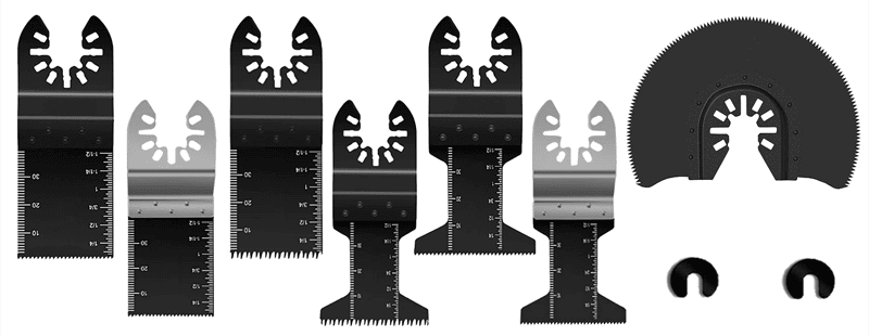 Set of oscillating multi-tool blades including wood, metal, and bi-metal cutting attachments.