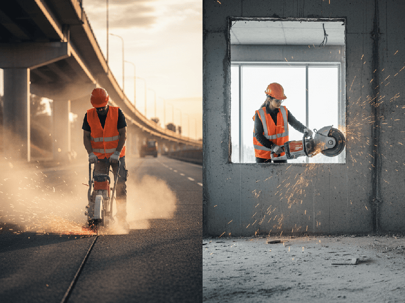 Diamond blade cutting concrete