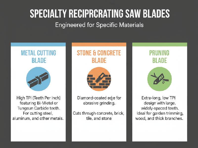 Revolving saw blade-specific blades for special purposes such as metals and stones