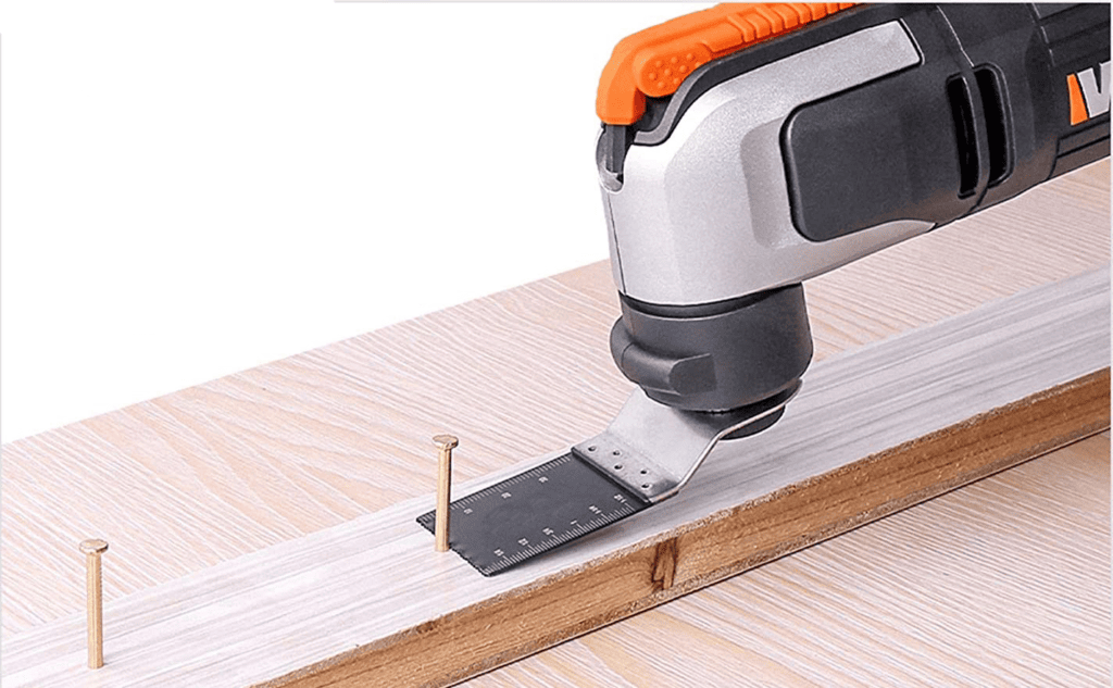 Bi-metal oscillating saw blade designed for cutting nails, screws, and sheet metal.