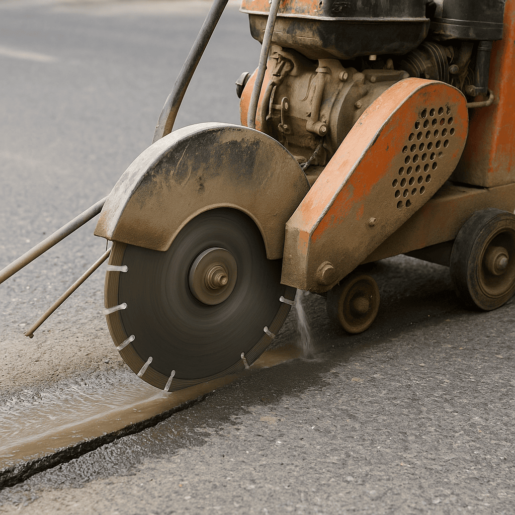 Diamond saw blade cutting concrete pavement