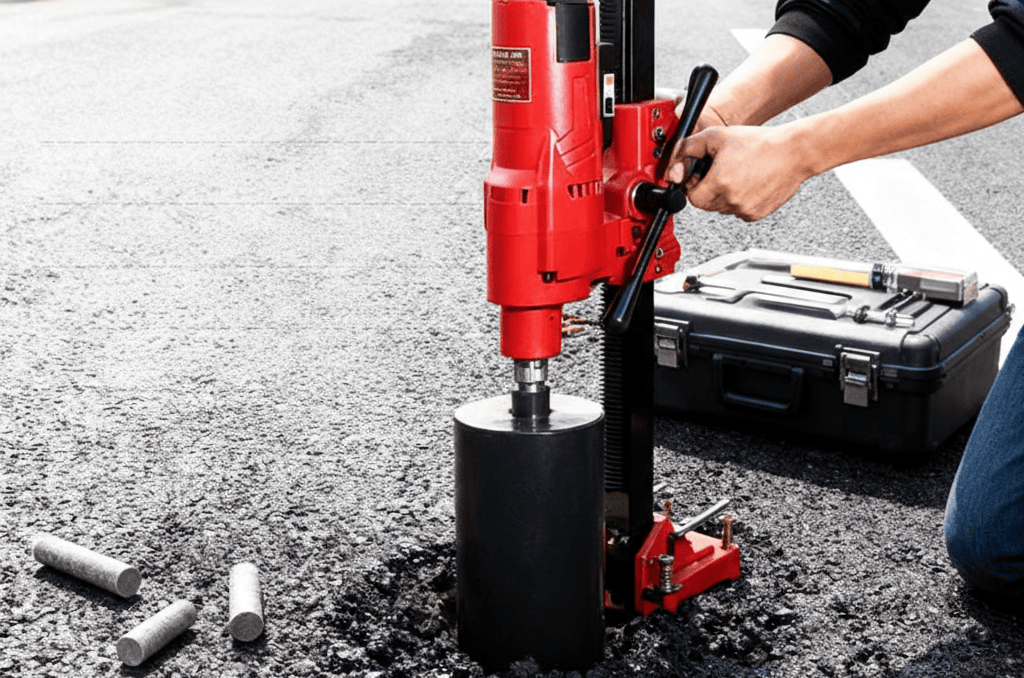 Diamond drill bit core extraction from asphalt pavement