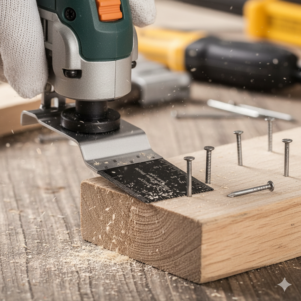 Show the Bi-metal saw blade cutting through a nailed wooden board