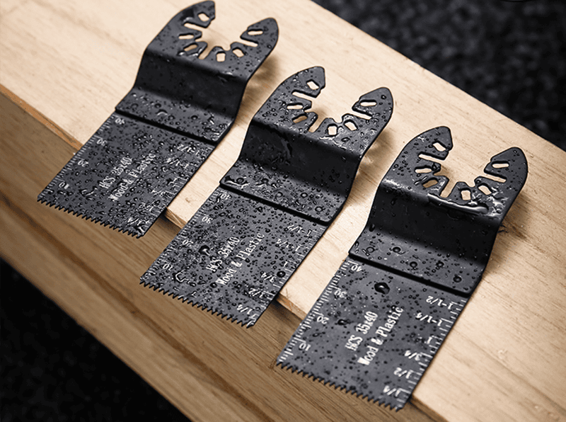 Fine-tooth oscillating tool blade for precise and controlled cuts in wood and soft materials.